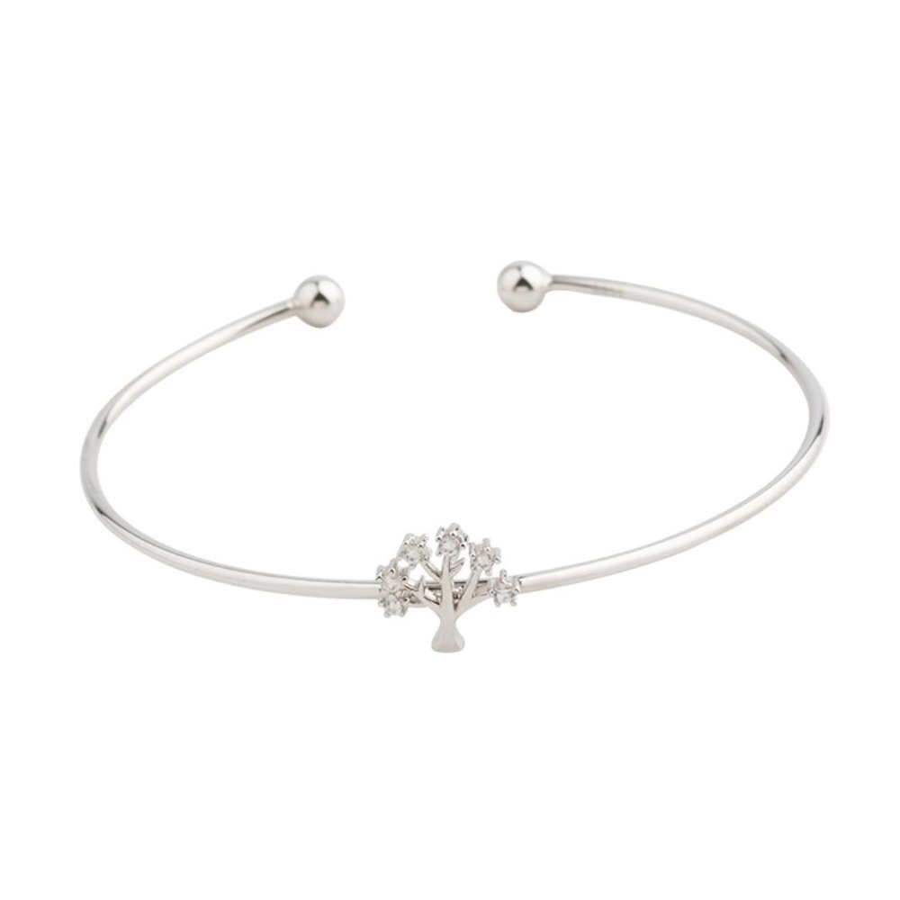 Tree Of Life Cuff Bracelet in Sterling Silver with CZ Diamonds